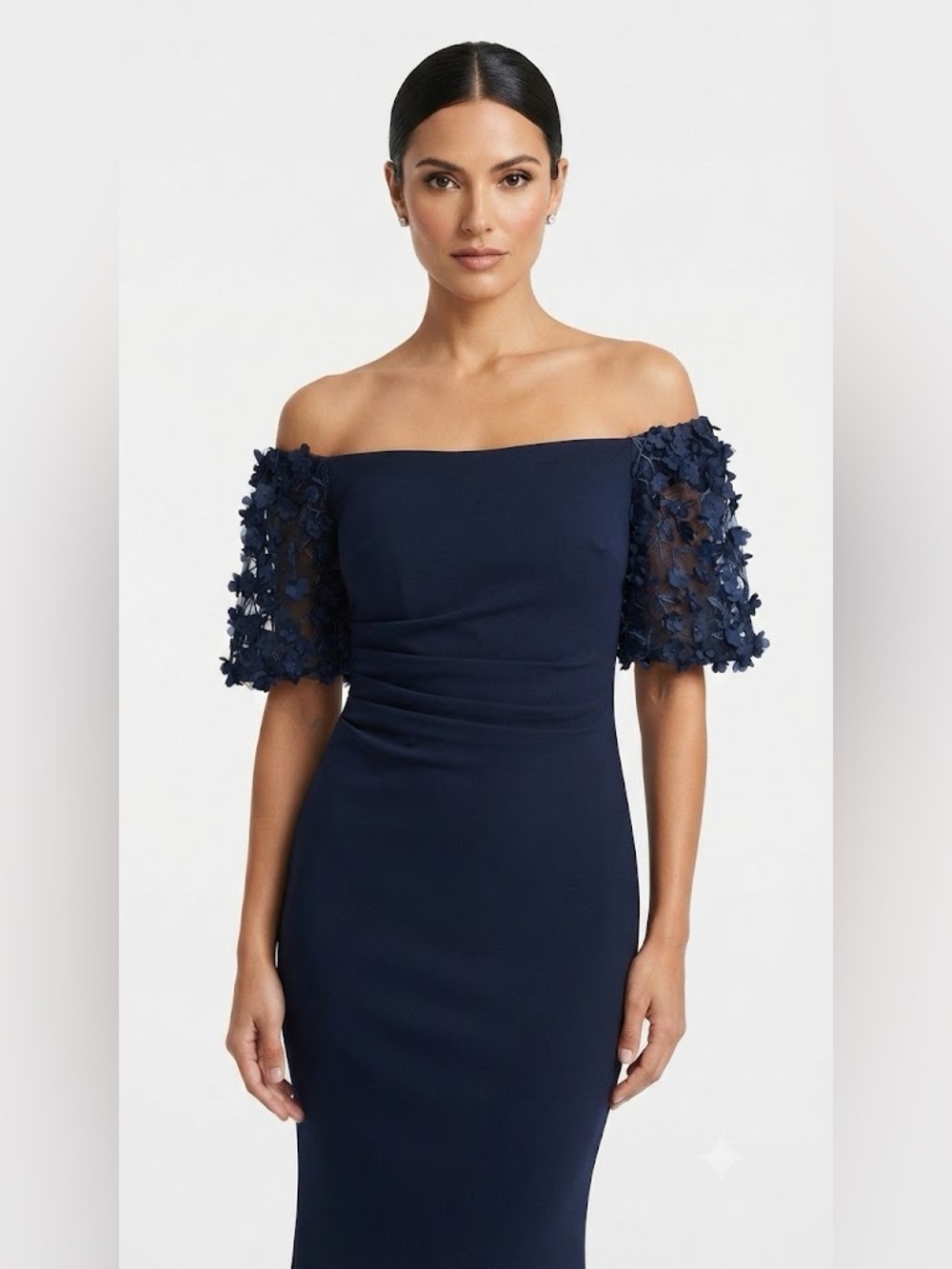 Xscape Navy One-Shoulder Evening Gown with 3D Floral Sleeves Formal - Picture 3 of 16